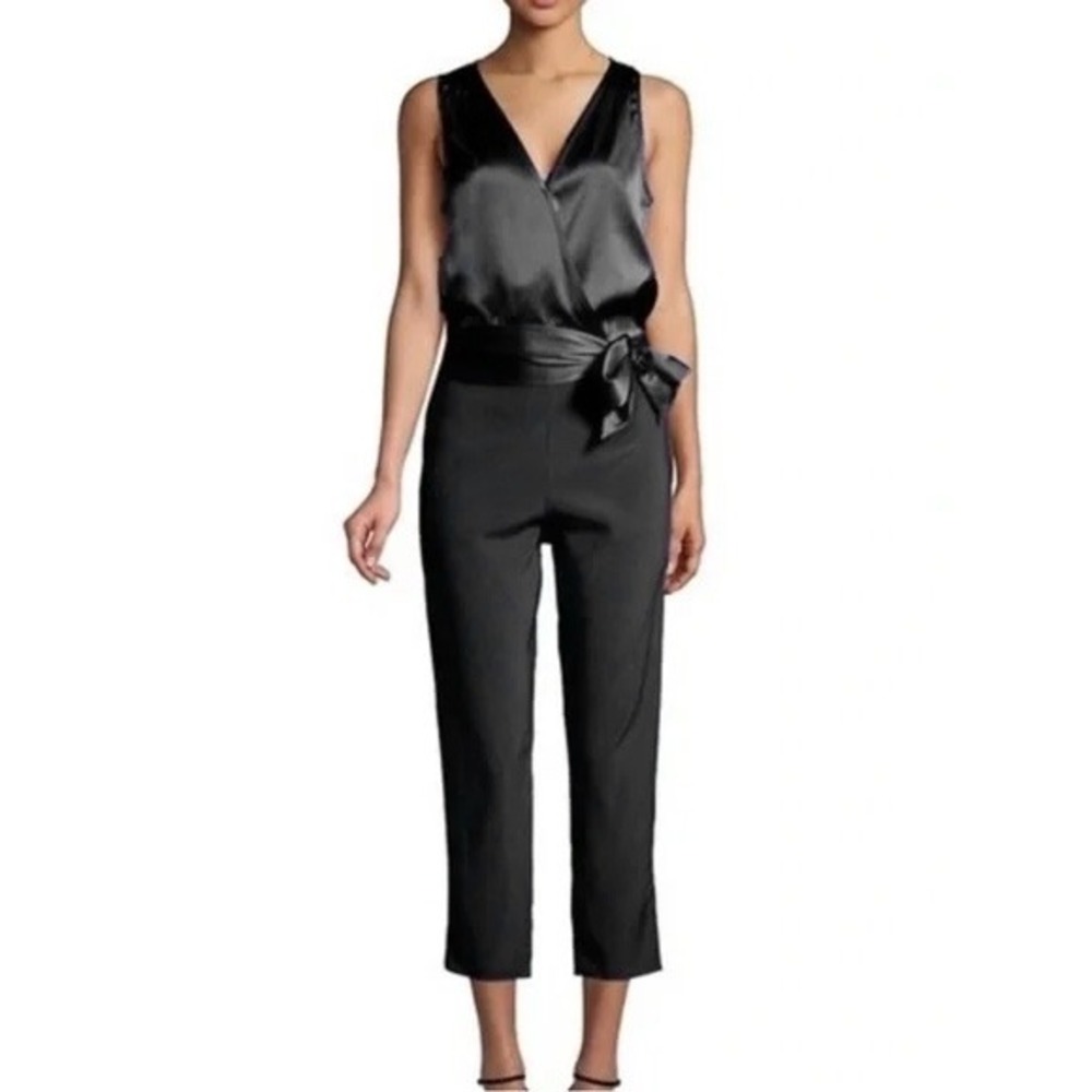 Ramy Brook Black Silk Satin Wrap Sleeveless Cropped Jumpsuit RN 141698 Small